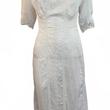 Edwardian Hand Embroidered White Cotton Voile Short Lawn Dress