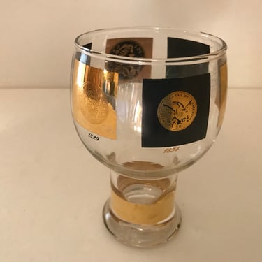 Vintage  Mid Century Cera Beer Goblet Black and 22 kt Gold  Coin glass tumblers  Decal design- Nice Condition 