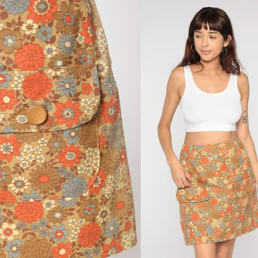 60s Floral Skirt Mod Mini Skirt Brown Flower Print Retro Boho High Waisted Pockets A-line Groovy Flower Power Hippie Vintage 1960s Large L 