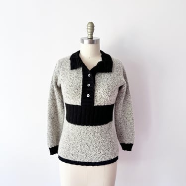 SIZE XS / S 1960s Gray & Black Bloucle Sweater / 70s Collared Sheridan Acrylic Knit Sweater Bracelet Sleeves Vintage 