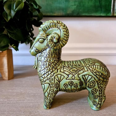 MCM Bitossi Style Big Horn Ram | Mid Century Pottery Green Goat 