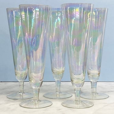 Vintage Cocktail Glasses Retro 1970s Contemporary + Rainbow Iridescent + Set of 5 + Pilsner Beer or Champagne + Barware + Kitchen Drinking 