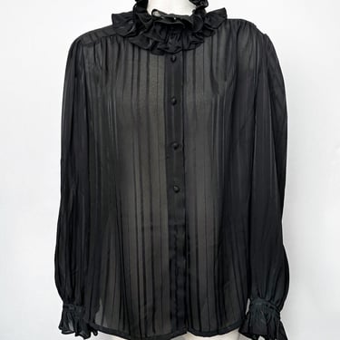70's Black Sheer Blouse Ruffle High Neck Vintage 1970's Designer Top Shirt Dress 