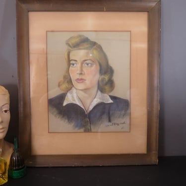1941 Framed Pastel Portrait of Woman, Signed  |  Vintage Mid Century Female Drawing Wall Artwork 