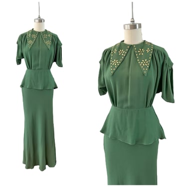 40s Green STUDDED Gown with Dagger Collar / 1940s Vintage Floor Length Dress / Medium / Size 6 