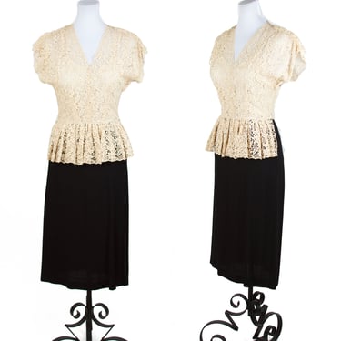 Vintage 1940s Dress ~ Lace Bodice Peplum Black Crepe Rayon Dress by Capri Originals 