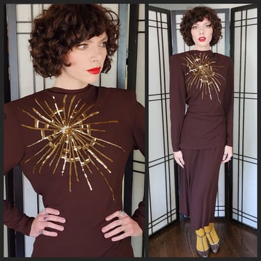 40s Skirt Suit Brown Rayon Gold Sequined Top Sunburst Star Fred A Block 