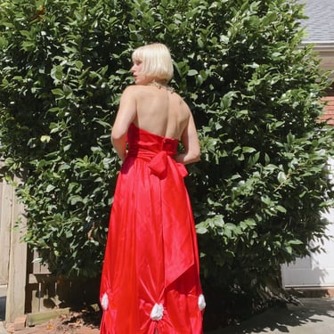 VTG 80s Red/White Satin Gown with Floral Appliqué 