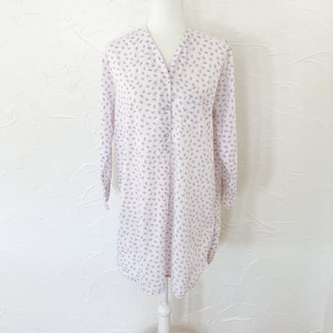 70s White Pink and Blue Paisley Print Henley Pajama Top Nightgown | Medium/Large 