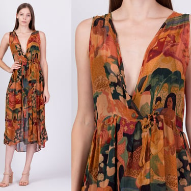 90s Boho Sheer Tropical Figure Print Sundress - One Size | Vintage URU Sleeveless Wrap High Low Midi Dress 