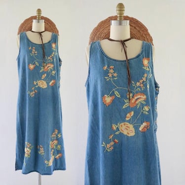 embroidered denim dress - m - vintage 90s 1990s y2k blue jean womens large sleeveless floral long 