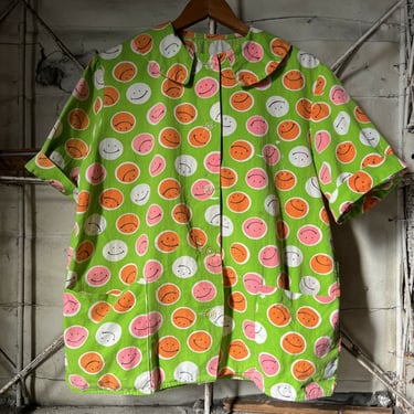 Vintage 1960s Smiley Face Print Cotton Blouse Jacket Coat Button Up Hip Pockets