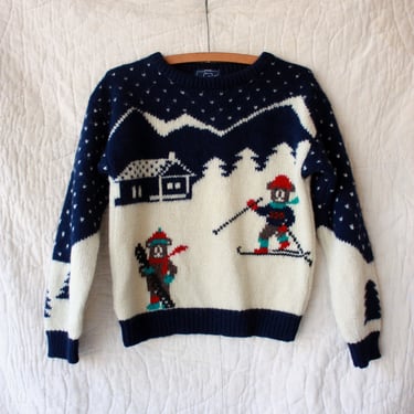 80s 90s Woolrich Novelty Skiing Bears Blue and White Wool Sweater Size S 