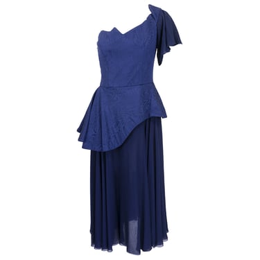 LANVIN 80s Blue Faille and Chiffon One-Shoulder Dress