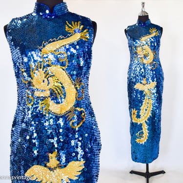 Royal Blue Sequin Cheongsam Evening Dress | Small 