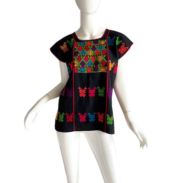 70s Mexican Embroidered Top / Vintage Oaxacan butterfly Peasant top / Vintage Bohemian Boho wool Sweater top Medium 