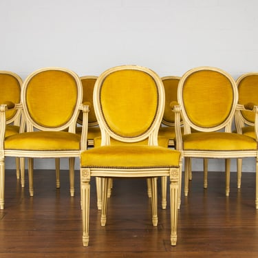 Antique French Louis Xvi Style Provincial Painted Dining Chairs W/ Mustard Yellow Velvet Upholstery - Set of 8 