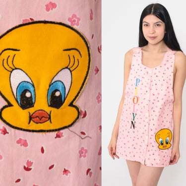 Tweety Bird Dress 90s Pink Floral Micro Mini Dress PIOLYN Embroidered Button up Shift Sleeveless Cute Kawaii Vintage 1990s Extra Small xs 