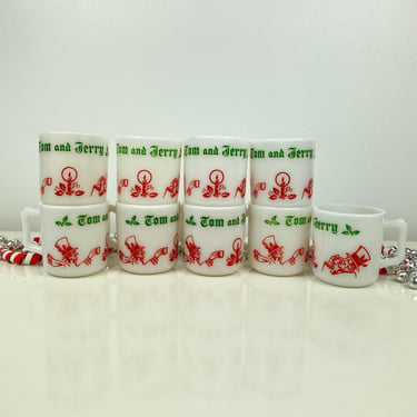 Vintage Tom & Jerry Christmas Mug Set w/9 Mugs, Egg Nog Cups, Punch bowl cups, hot cocoa mugs, 1950s Christmas MCM Hazel Atlas Milk Glass 