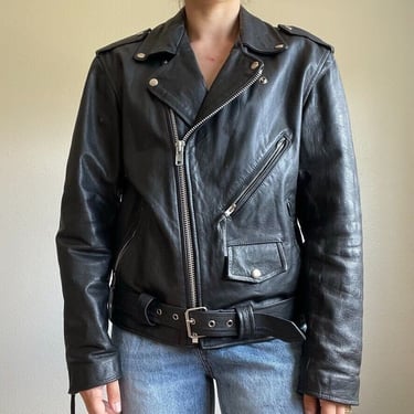 Vintage Wilsons Leather Black Moto Biker Grunge Oversized Zipper Jacket Sz S 