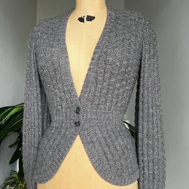 1970s Does 1940s  Grey Basketweave Knit Cardigan Vintage Italy Medium 