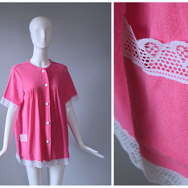 Vintage 1970s Pink Terry Cloth Baby Doll Button Down Housecoat | Sleepwear 