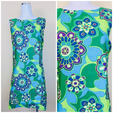 1960s Vintage Cotton Abstract Kaleidoscope Shift Dress / 60s Green and Blue Psychedelic Mini Dress / Medium 