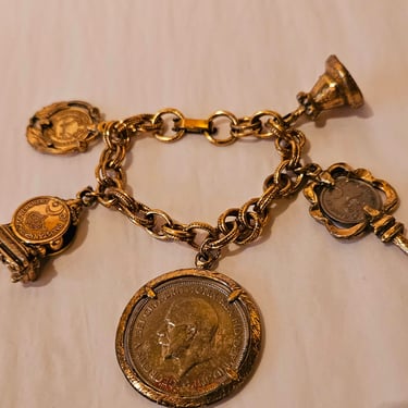 Vintage Charm bracelet fobs, key, coins 