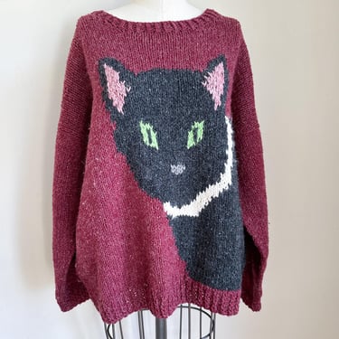 Vintage Hand Knit Black Cat Novelty Sweater / L-XL / fits on many 