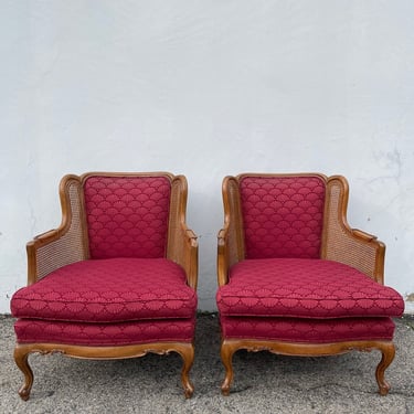 Pair of Chairs Cane Armchairs Wood Tub Barrel Back Style Set Pair of Chairs Traditional Hollywood Regency Vintage Seating Bohemian Boho Chic 