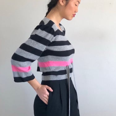 90s Sonia Rykiel sweater / vintage angora wool gray + hot pink striped cropped bell sleeve Sonia Rykiel sweater Italy | small 