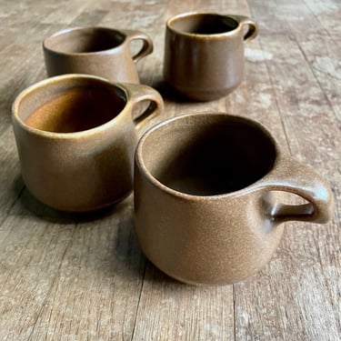 4 Rare + Early Bennington Pottery Mugs Model 1365B Cups Speckle Brown Organic Satan Glaze Vintage Mid-Century 
