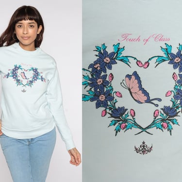Butterfly Sweatshirt Touch Of Class Shirt 80s Floral Heart Graphic Crewneck 90s Baby Blue Pastel Sweatshirt Vintage Extra Small xs 
