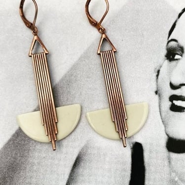 Art Deco Earrings Elegant Ivory  & Rose gold ‘Odeonesque’ Long Galalith drop earrings modernist jazz age bakelite earrings by BakeliteBa