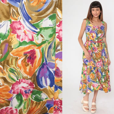 90s Banana Republic Floral Dress Vintage Multicolor Sleeveless Midi Dress with Belt 1990s Fit and Flare High Waist Full Skirt Small 6 