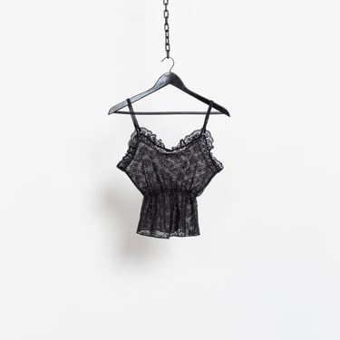 BLACK LACE CAMISOLE vintage spaghetti straps mesh Ruffles lingerie women / Small Xs 