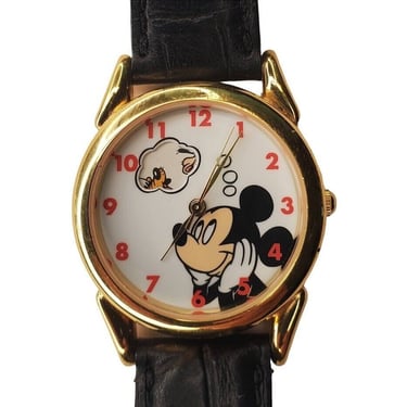 Mickey Mouse Disney Dreaming of Friends Gold Tone Round Watch Black Leather Band 