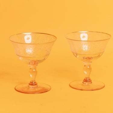 Set of 2 50s Pink Pastel Clear Glass Vintage Etched Adorned Round Cocktail Glasses 