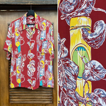 Vintage 1940’s Size L “Lauhala” Label Vertical Bamboo Rayon Hawaiian Shirt, 40’s Hawaiian Shirt, 40’s Tiki, Vintage Clothing 