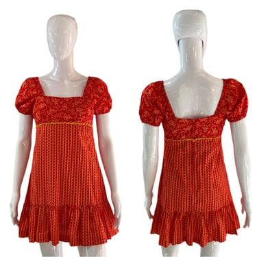 1970's Red and Orange Young Edwardian Mini Dress Size S