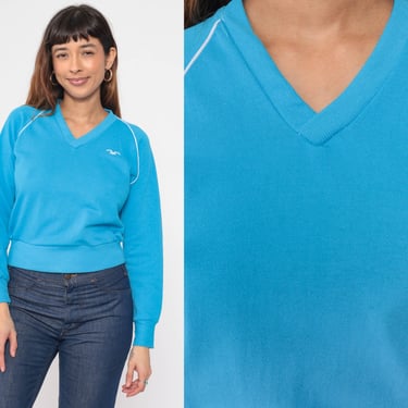 80s Wrangler Sweatshirt Bright Blue Raglan Sleeve Cropped Bird V Neck Sweatshirt Long Sleeve Slouchy 1980s Vintage Athletic Extra Small xs 