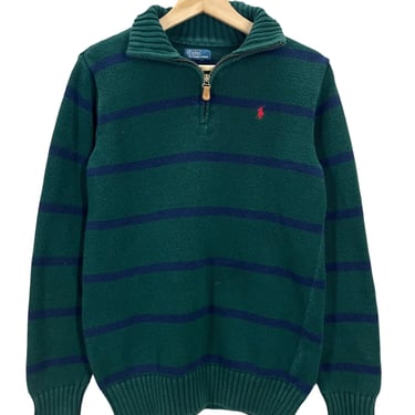 Polo Ralph Lauren Green Blue Striped 1/4 Zip Pullover Sweater S/M