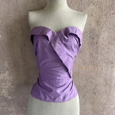 Vintage 1950s Purple Cotton Sweetheart Tube Top Dress Bodice Boned Blouse Shirt