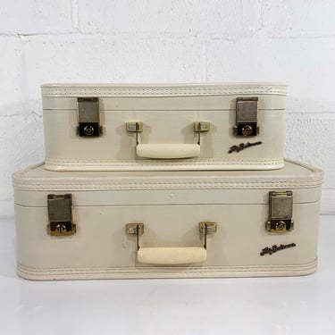 Vintage Lady Baltimore Suitcase Set of 2 Pair Train Case Overnight Bag White Gold Luggage Travel Case 1950s 