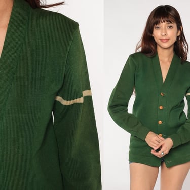 50s Wool Cardigan Green Button Up Sweater Retro Preppy Striped Collegiate Knit Basic Plain Varsity Sweater Vintage 1950s Knitwear Small 
