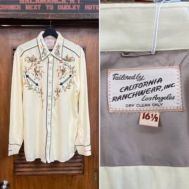 Vintage 1950’s Size L -Deadstock- “California Ranchwear” Western Cowboy Gabardine Pearl Snap Rockabilly Shirt, 50’s Vintage Clothing 