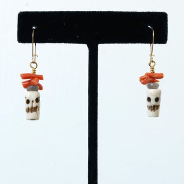 handmade Halloween beaded drop earrings • memento mori • natural bone skulls, coral, labradorite 