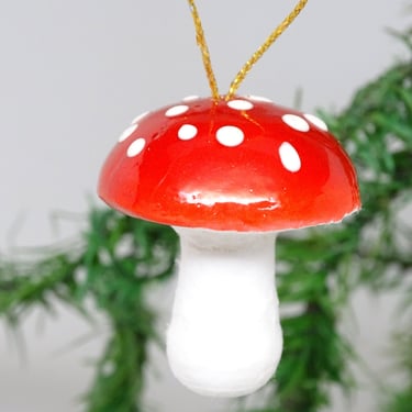 Vintage German Spun Cotton Mushroom Christmas Tree Ornament, Antique Hand Painted Feather Tree Decor, Germany 
