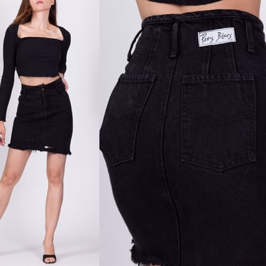 XXS 90s Black Denim High Waist Mini Skirt 22.5" | Vintage Paris Blues Cutoff Frayed Jean Skirt 