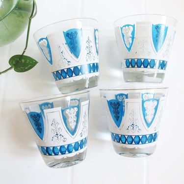 Vintage Fleur De Lis Tumbler Glasses Set 4 - Blue White French Rustic Short Cocktail Drinking Glasses - Vintage Barware - Moroccan Tea 